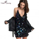 2016 New Sexy Backless Oversized Sequins Deep V-neck Halter Sleeveless Slim Mini Dress Womens Party Club Femininas Shiny Dresses