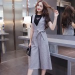 2016 New Spring Fashion Solid V-Neck Streets Oflt Wide-legged Trousers Suspenders Dresses Black Rice White 1332