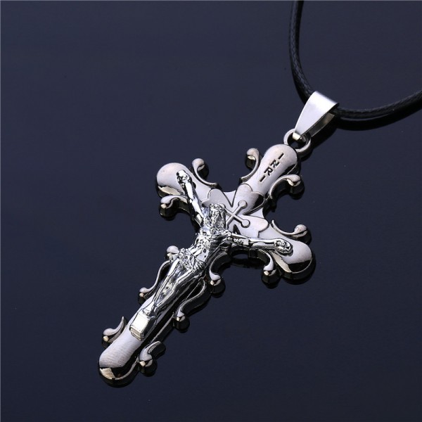 2016 New Trendy Men Jewelry Gunblack Plated Initial Letters Carved Imitation Titanium Steel Gothic Jesus Cross Pendant Necklace