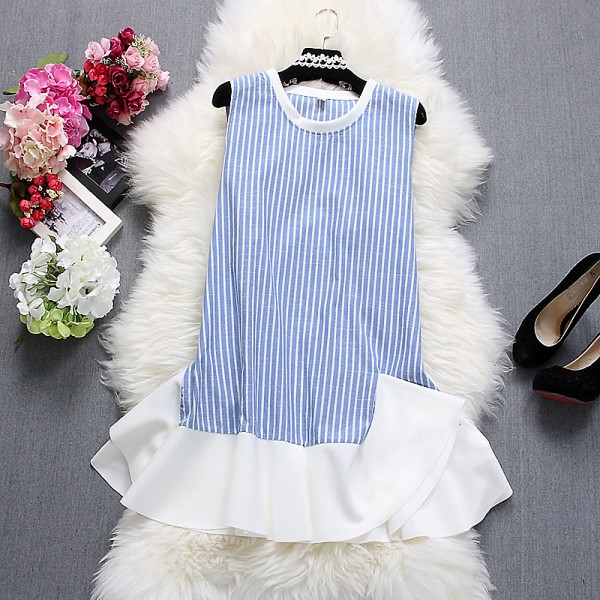 2016 New Women Clothing Sleeveless Striped Printed Ruffle Hem Patched Ladies Casual Long Blouses Short Dress