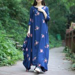 2016 New Women Floral Gown Ethnic Robe Long Sleeve Slub Cotton Dresses Embroidery Bud Dress Vestido Longo Jurken Elbise