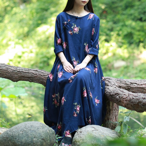 2016 New Women Floral Gown Ethnic Robe Long Sleeve Slub Cotton Dresses Embroidery Bud Dress Vestido Longo Jurken Elbise