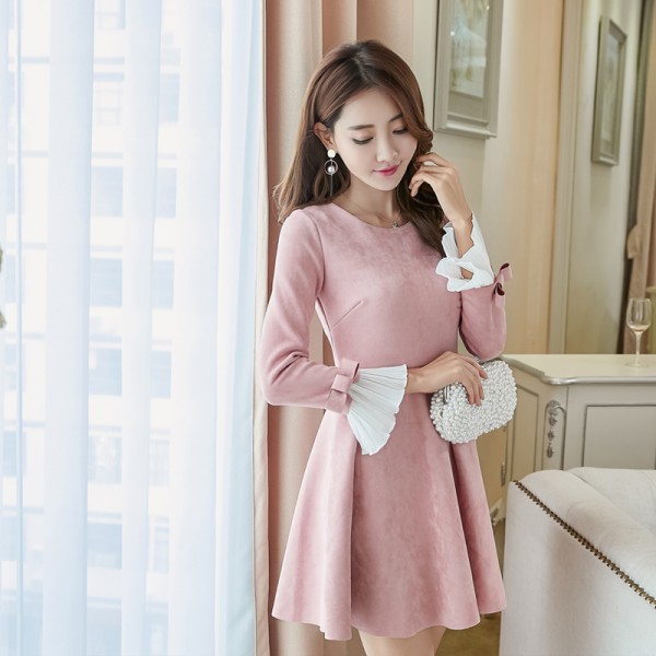 2016 New Women dress Butterfly Sleeve Slim Deer Velvet Dresses Gray Pink Light Blue 1862