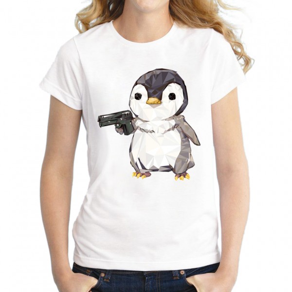 2016 Newest Short Sleeve Women T-shirt Fashion Cubic penguin power Design lady Tops Diamond Penguin Shoot Printed Noverlty Tee