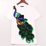 2016 Noble Elegant T shirt Women Peacock Sequined Sequins T-shirt Women Fashion New Top Tee Shirt Femmer Woman Sakura Clothes