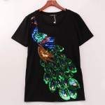 2016 Noble Elegant T shirt Women Peacock Sequined Sequins T-shirt Women Fashion New Top Tee Shirt Femmer Woman Sakura Clothes