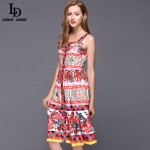 2016 Rose Printed Dress Summer New Women Spaghetti Strap Crystal Button Knee Length Dress
