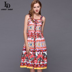 2016 Rose Printed Dress Summer New Women Spaghetti Strap Crystal Button Knee Length Dress