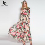 2016 Runway Maxi Dress High Quality Women's Long Sleeve Sequined Beading Rose Floral Bird Printed Long Dress With Scarf