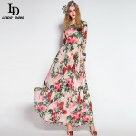 2016 Runway Maxi Dress High Quality Women's Long Sleeve Sequined Beading Rose Floral Bird Printed Long Dress With Scarf