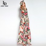 2016 Runway Maxi Dress High Quality Women's Long Sleeve Sequined Beading Rose Floral Bird Printed Long Dress With Scarf