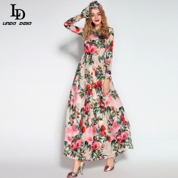 2016 Runway Maxi Dress High Quality Women's Long Sleeve Sequined Beading Rose Floral Bird Printed Long Dress With Scarf