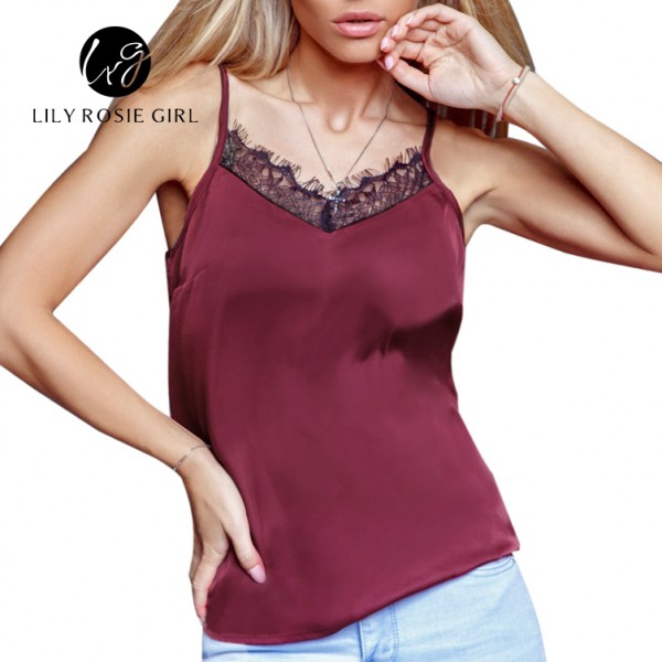 2016 Satin Women's Shirt Mike Strap Elegant Crop Top Sexy V neck Camis Women Short Sleepwear Female Lace Top Summer Party Blusa