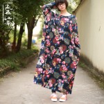 2016 Spring Autumn Style Casual Dress Women 4XL  Robe Vintage Print Long Loose Cotton Linen Women Maxi Dress robe