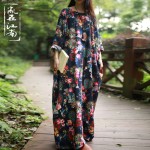 2016 Spring Autumn Style Casual Dress Women 4XL  Robe Vintage Print Long Loose Cotton Linen Women Maxi Dress robe