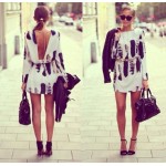 2016 Spring Style Long Sleeve Tail Printing Casual Dresses Sexy Backless One-Piece Dress Party Dresses Robe femme