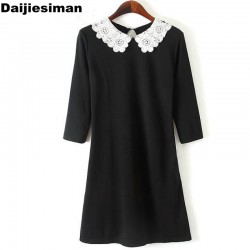 2016 Spring Women Brand Carved Flowers Lace White Peter pan Collar Knit Cotton Black Dress Slim Vintage Party Evening Vestidos