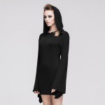 2016 Steampunk Gothic Splicing Long-sleeved Dress Hooded Women Cultivate One's Morality Show Thin Pure Colour Black Women Dress