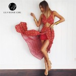 2016 Summer Beach Style Sexy Boho Maxi Long Women Dress Red Print V Neck Bows Side Split Hollow Out Off Shoulder Vestidos