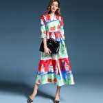 2016 Summer New Fashion Daily Women's Half Sleeve Childlike Crayon Printed New Ball Gown Midi Dress