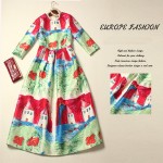 2016 Summer New Fashion Daily Women's Half Sleeve Childlike Crayon Printed New Ball Gown Midi Dress