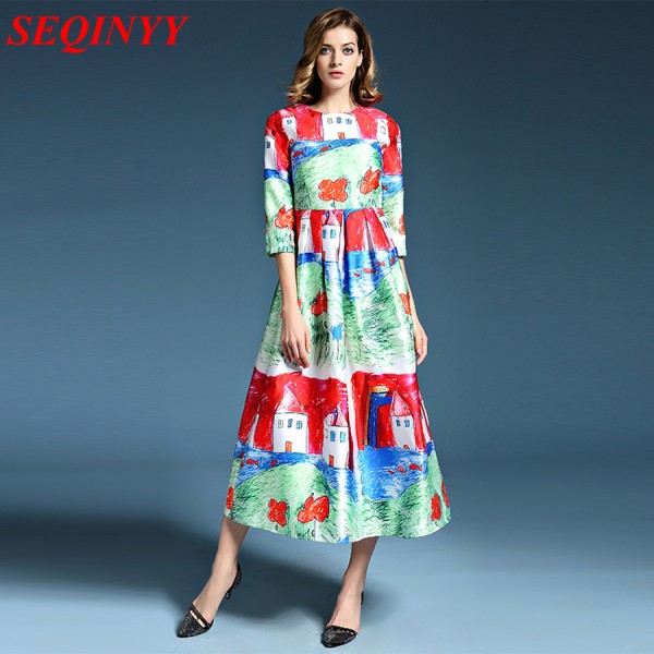 2016 Summer New Fashion Daily Women's Half Sleeve Childlike Crayon Printed New Ball Gown Midi Dress