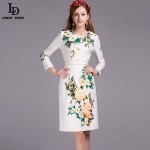 2016 Summer New Runway Designer Dress Knee Length Women's Long Sleeve Elegant Beading Slim Casual Print Dress