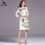 2016 Summer New Runway Designer Dress Knee Length Women's Long Sleeve Elegant Beading Slim Casual Print Dress