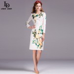 2016 Summer New Runway Designer Dress Knee Length Women's Long Sleeve Elegant Beading Slim Casual Print Dress