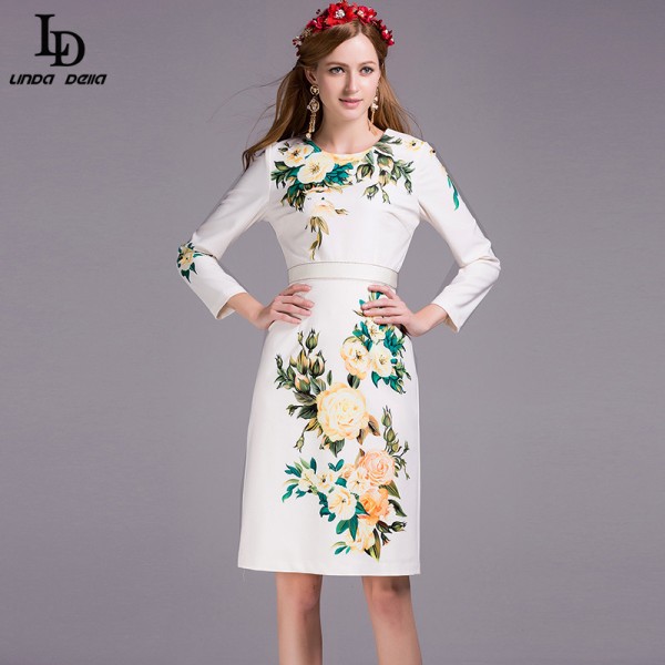 2016 Summer New Runway Designer Dress Knee Length Women's Long Sleeve Elegant Beading Slim Casual Print Dress