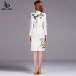 2016 Summer New Runway Designer Dress Knee Length Women's Long Sleeve Elegant Beading Slim Casual Print Dress