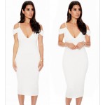 2016 Summer Off Shoulder Women Lace Dress V Neck Mid Calf Sexy Bodycon Clubwear Party Dresses Solid White Black Pink Slash neck