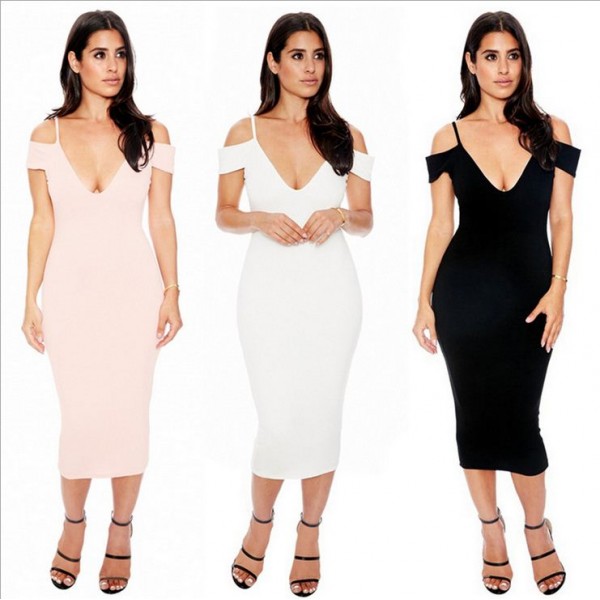 2016 Summer Off Shoulder Women Lace Dress V Neck Mid Calf Sexy Bodycon Clubwear Party Dresses Solid White Black Pink Slash neck