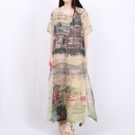 2016 Summer Sundress For Women Maxi Dress Fake 2 Piece Vintage Dress Short Sleeve Landscape Print Robe Vestidos Moda Mujer