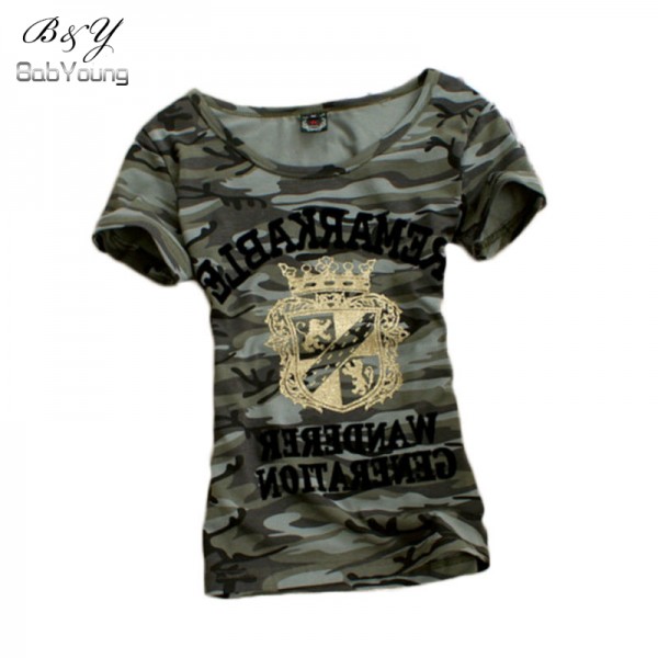 2016 Summer Tops Grown Pattern T Shirt Women Camouflage Military Uniform Slim Tee Shirt Femme Plus Size Camisetas Mujer M~3XL