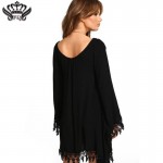 2016 Summer Women Boho Tassel Dress Short Vestido Sexy Lace Crochet Chiffon Tunic Hollow Black Beach Shirt Dress Blusa Hot Sale