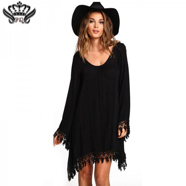 2016 Summer Women Boho Tassel Dress Short Vestido Sexy Lace Crochet Chiffon Tunic Hollow Black Beach Shirt Dress Blusa Hot Sale