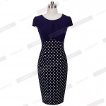 2016 Summer Women Patchwork Contrast Polka Dot Dress Wear To Work Short Sleeve Casual Sheath Elegant Bodycon Pencil Dresses B300