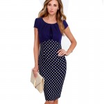 2016 Summer Women Patchwork Contrast Polka Dot Dress Wear To Work Short Sleeve Casual Sheath Elegant Bodycon Pencil Dresses B300