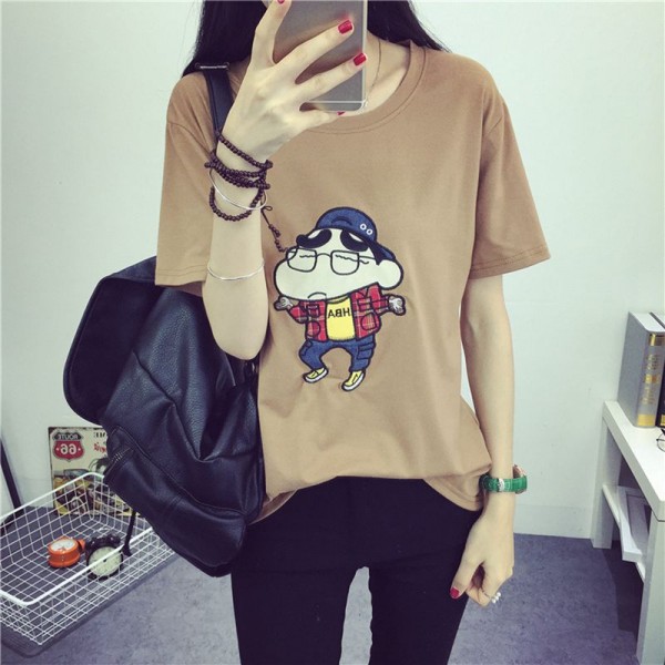 2016 Summer Women Top Funny T shirt Cute Crayon Shin Chan Cartoon Embroidery Tee Basic Harajuku Bottoming Tops Free Shipping