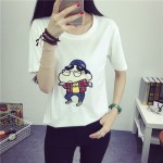 2016 Summer Women Top Funny T shirt Cute Crayon Shin Chan Cartoon Embroidery Tee Basic Harajuku Bottoming Tops Free Shipping