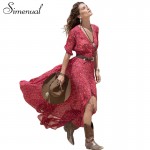 2016 Summer new Bohemian long dress print floral red V neck sexy maxi dresses for women loose casual beach dress ladieswear sale