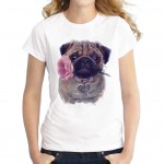 2016 Vintage Fashion Flower Pug girl Shirt Women T Shirt Tops For Women Camiseta Top Retro Pug Printed T-shirt