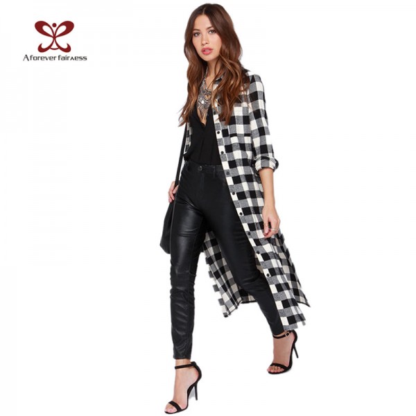 2016 Windbreaker Women Trench Coat Punk style Long Plaid Shirt Slim Fashion Trench Coat Casual Maxi Coats Female casaco NC-726