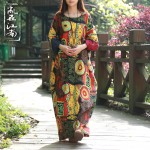 2016 Women Casual Loose  Print Regular  O-Neck Full Sleeve Spring Autumn Dress .Female Linen Cotton Long Dress  Plus Size 