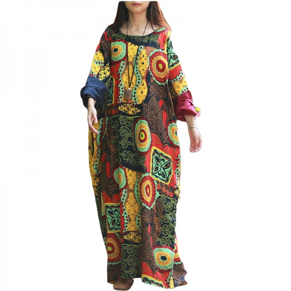 2016 Women Casual Loose  Print Regular  O-Neck Full Sleeve Spring Autumn Dress .Female Linen Cotton Long Dress  Plus Size 