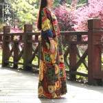 2016 Women Casual Loose  Print Regular  O-Neck Full Sleeve Spring Autumn Dress .Female Linen Cotton Long Dress  Plus Size 