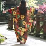 2016 Women Casual Loose  Print Regular  O-Neck Full Sleeve Spring Autumn Dress .Female Linen Cotton Long Dress  Plus Size 