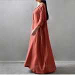 2016 Women Casual Solid autumn Dress Loose Full Sleeve V Neck Button Dress Cotton Linen Boho Long Maxi Dress Plus Size Vestidos