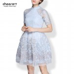 2016 Women Organza Patchwork Lace Summer Dress Cute Mandarin Collar Ball Gown Mini Elegant Short Party Dress Robe Clothing